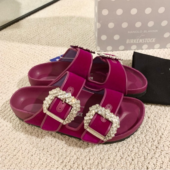 Fuchsia Pink Purple Arizona Crystal Buckle Velvet 2-Band Sandals - Picture 2 of 13